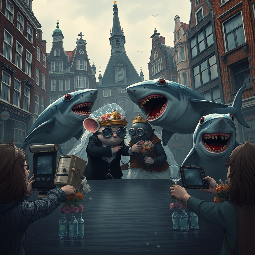 A rat wedding being attacked by hammerhead sharks, no text, Lovecraftian, in Amsterdam, steampunk, 2010s anime