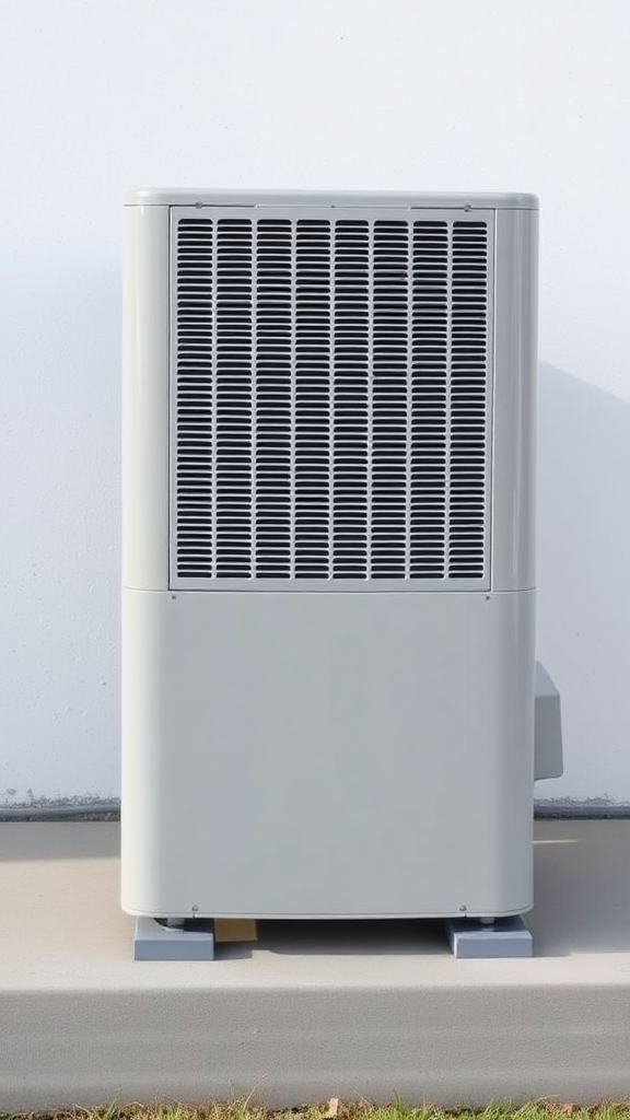 A simple, high-resolution, realistic photo of a standard residential outdoor air conditioning unit or condenser. The unit should be placed on a flat surface. The unit should be a neutral color. Plain, uncluttered background. No text.