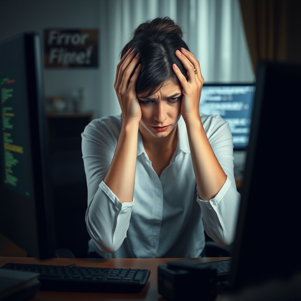 Create a realistic scene of a desperate pretty nice woman sitting in front of a computer. Her posture should reflect frustration, with her hands either on her face or gripping her head. Her surroundings are a typical home or office workspace, with dim lighting adding to the tense and stressful mood. The computer screen could show error messages, glitches, or something causing her distress. The woman’s expression should be a mix of anxiety, exhaustion, and despair, with subtle attention to facial details like furrowed brows or clenched jaws.