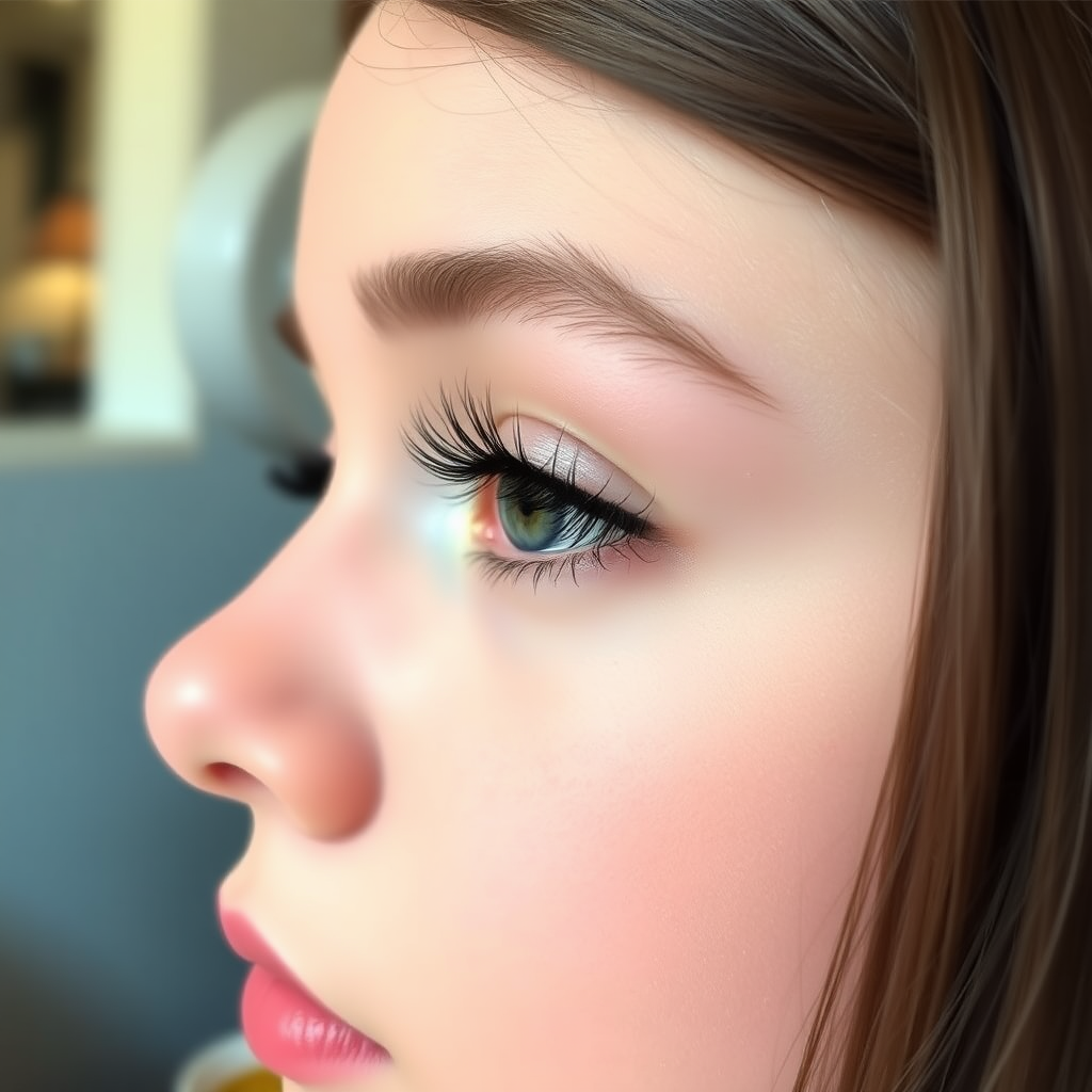 A girl with very long eyelashes because eyelash extensions have been applied. She looks into the distance, and the high-resolution photo shows the girl in profile.