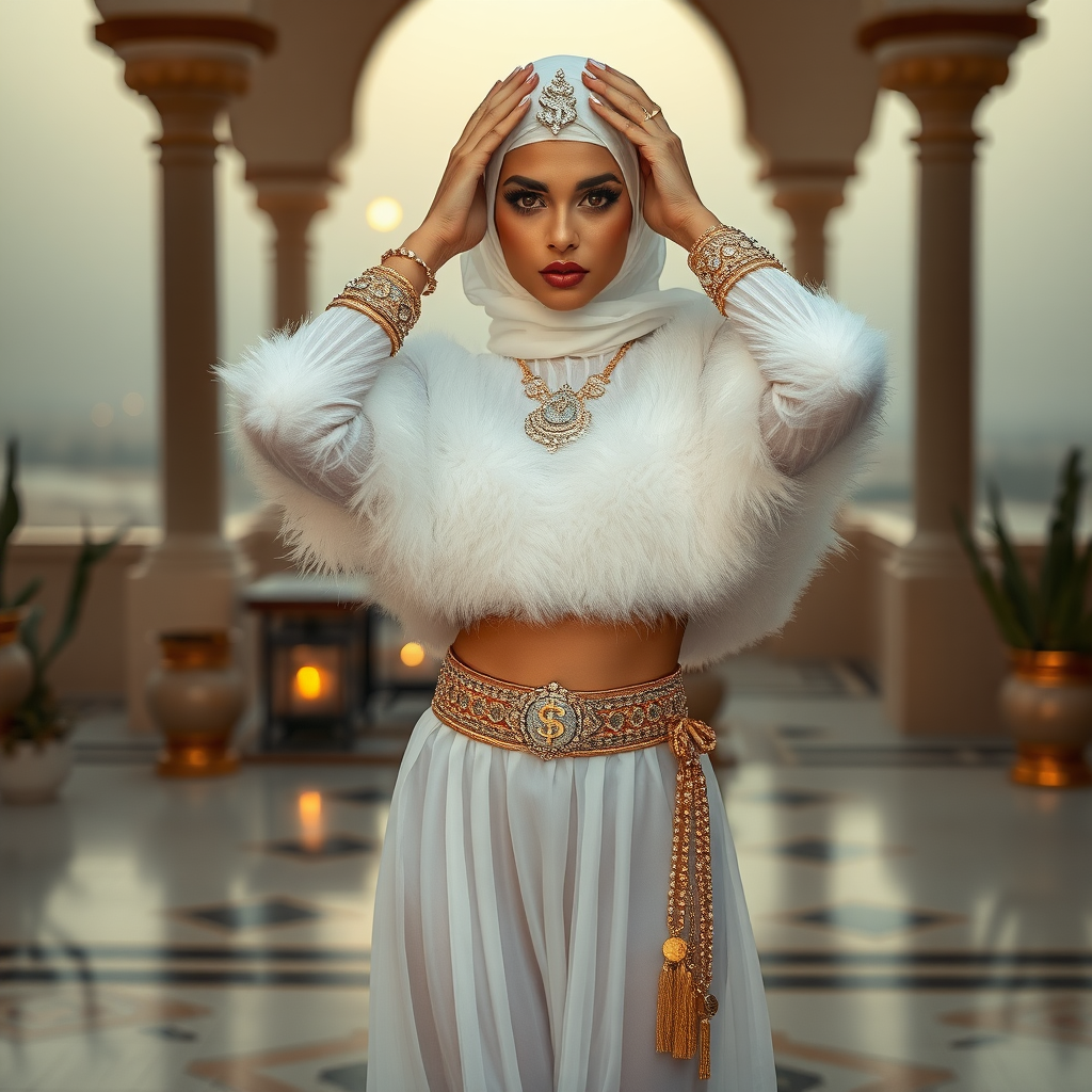 Kuwait desert palace harem patio misty dawn: Melissa, European 17 years old very convincing femboy “trophy-bimbo”, tamed servile docile, very beautiful feminine flawless face, rather short, by hormones very curvaceous womanly figured, heavily made-up eyes, wearing Supertanya-style fluffy very fuzzy bright white angora turtleneck-poncho cropped ending under bust decorated with pearls and gemstones, striking oriental wide gold bridal protection belt, white fully transparent harem pants, full Oriental bridal jewelry, face covered by white sheer full Burka, coin anklets, striking diamond “$$$” letter brooch on left chest, pout frustrated, seductively dancing hands over her head, looking at camera. Full view.