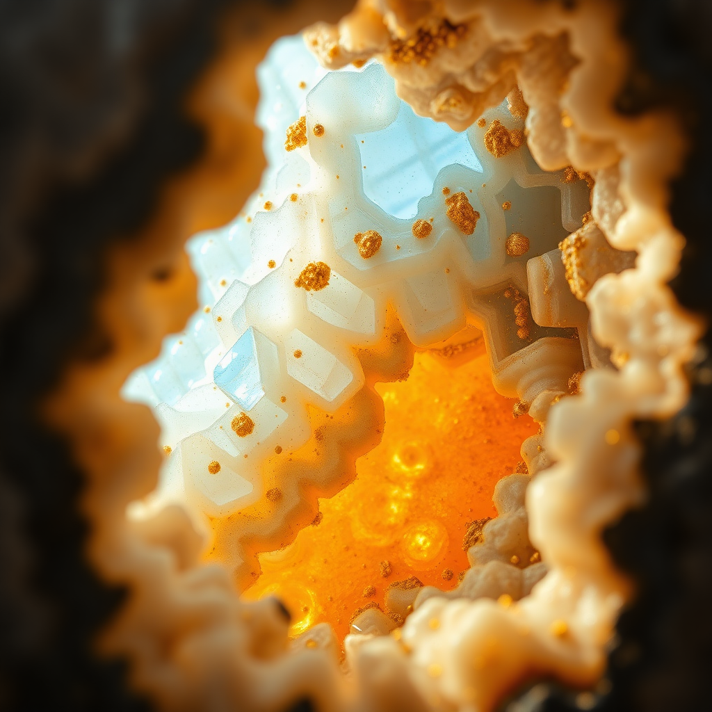 high quality photo, intricate environment, ultra-detailed, impressionistic, dynamic composition, artistic photograph, geode, alabaster, gold, fractal, brilliant colors, glittering, sunlight, illumination, transparency, mandelbulb