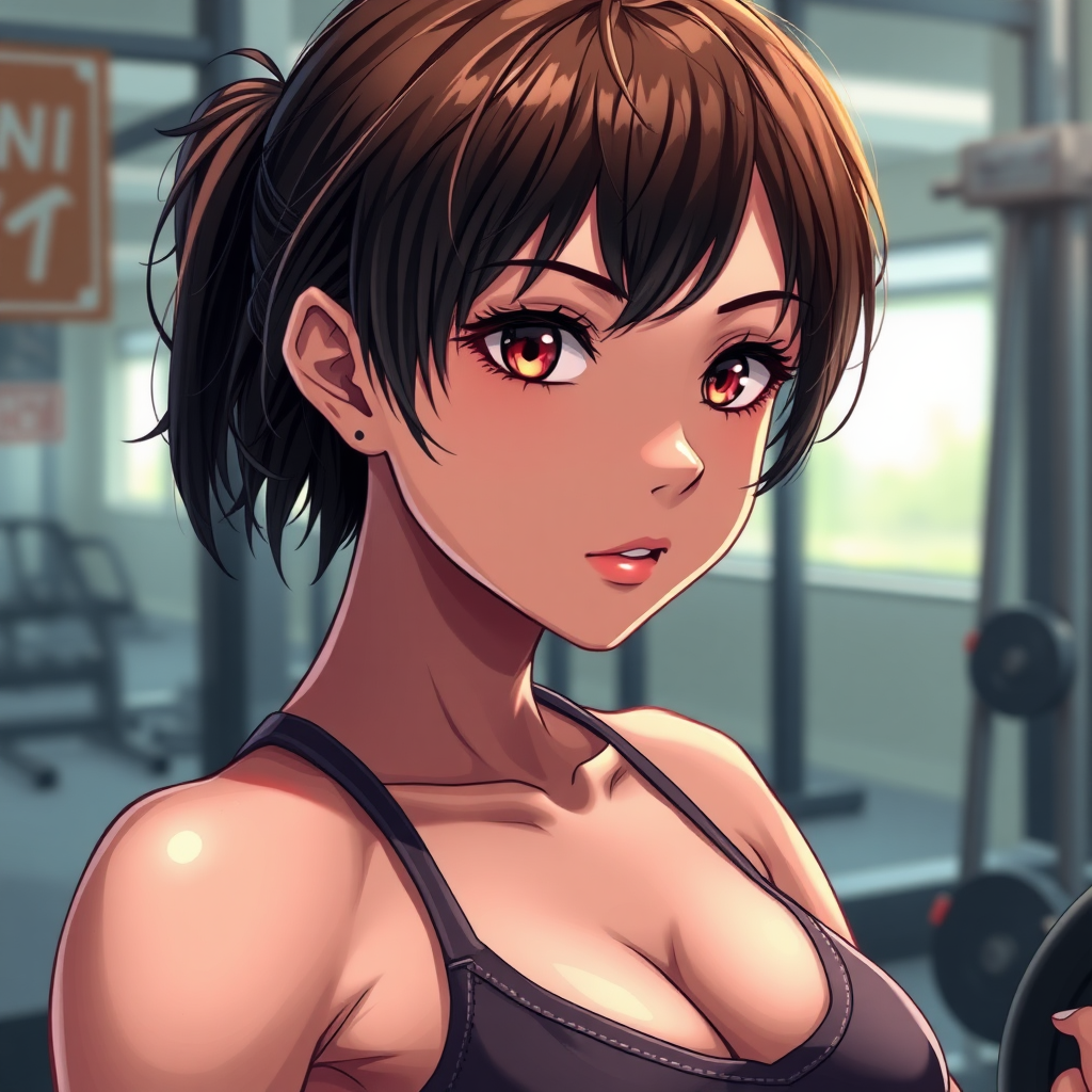 Realistic Anime style image, cute fit brunette girl, short hair, gym, sweaty, highly detailed, masterpiece, professional photo, extreme details, high resolution, hdr