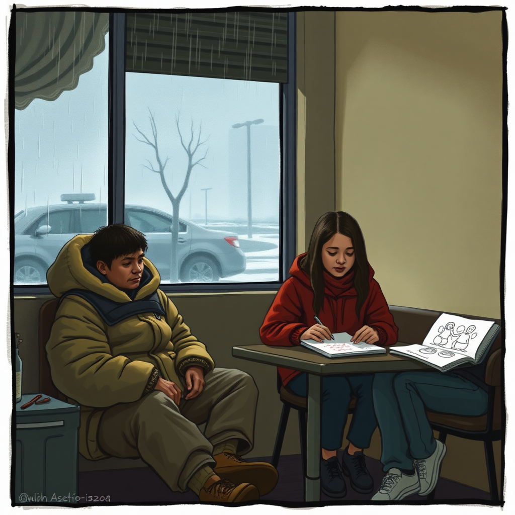 Create an original picture of:
2 Inuit youths
Amaqjuaq sitting quietly in the corner of the dimly lit soup kitchen in Montreal 
His thick jacket draped over his broad shoulders. 
The rain is tapping against the window.
Across the room, sits Ahnah, a girl, who is sketching in her notebook.