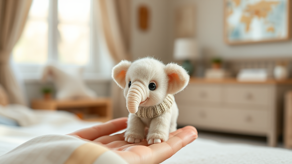 Prompt for Art Generation: "Create an ultra-realistic, high-definition image of a miniature fluffy elephant. The elephant should be incredibly small, fitting perfectly in a person's fingertips. It should have soft, cream-colored fur with big, round, expressive black eyes. The elephant is wearing a little sweater, giving it an extra cute and cozy look. The setting should be a soft, cozy bedroom with a neutral palette, blurred in the background to highlight the adorable tiny elephant. Ensure the image captures the elephant's cuteness and the softness of the setting, with soft lighting coming through a large window in the background."