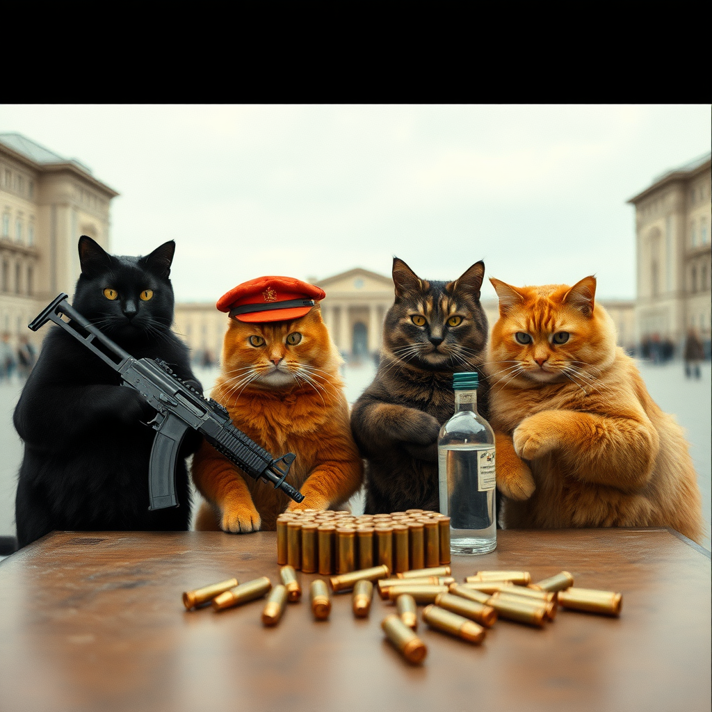 4 serious cat-men in a large square, a black one holding an AK-47, an orange one with a Russian military cap, a dark brown one and a light brown one, Soviet communists with vodka, around a table with bullet casings on it (film photo style)