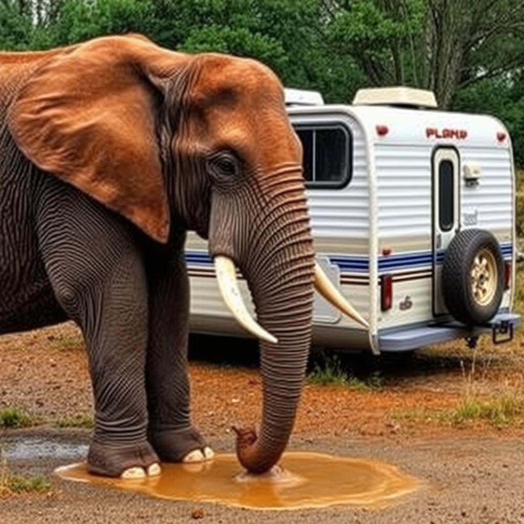 An elephant urinating next to a camper van. The ground covered in urine.