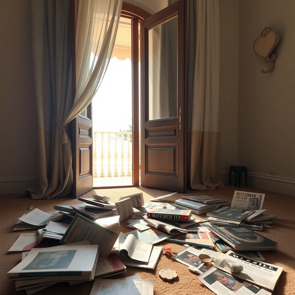 Disrupted books "the truth" and watchtower magazines on the floor. In a room, the terrace door is opened. Sun is outside. The curtains are moving by the wind.