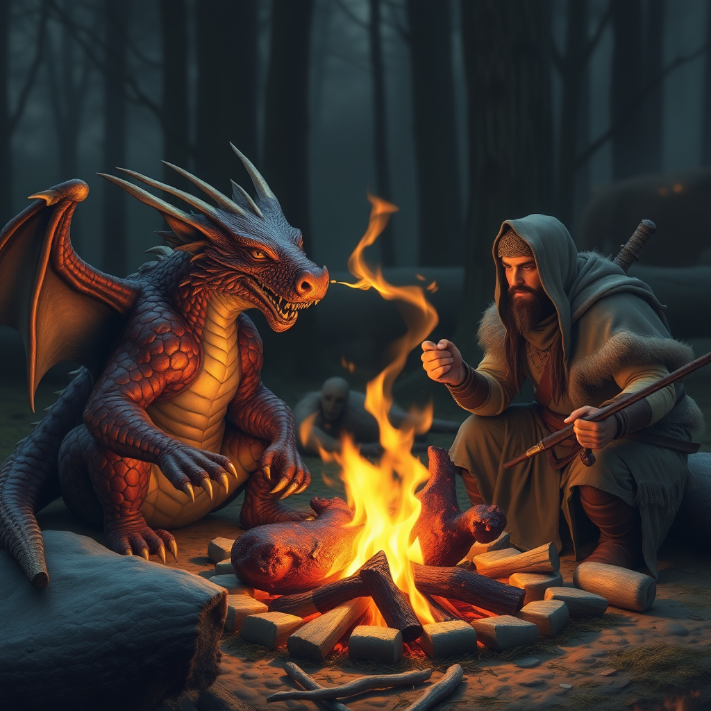 The Dragon and the warrior roast wild boar meat together at the campfire; the dragon breathes fire to roast the wild boar.