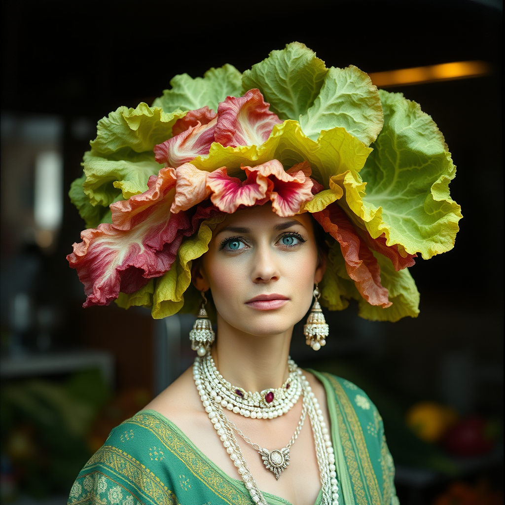 what's your salad headdress made of of? Romaine empire goddess of plebs. Swindler of distress, master of deception. captured on Nikon D40, digitally enhanced color correction, bifocally improved II inspiro Vivian Maier