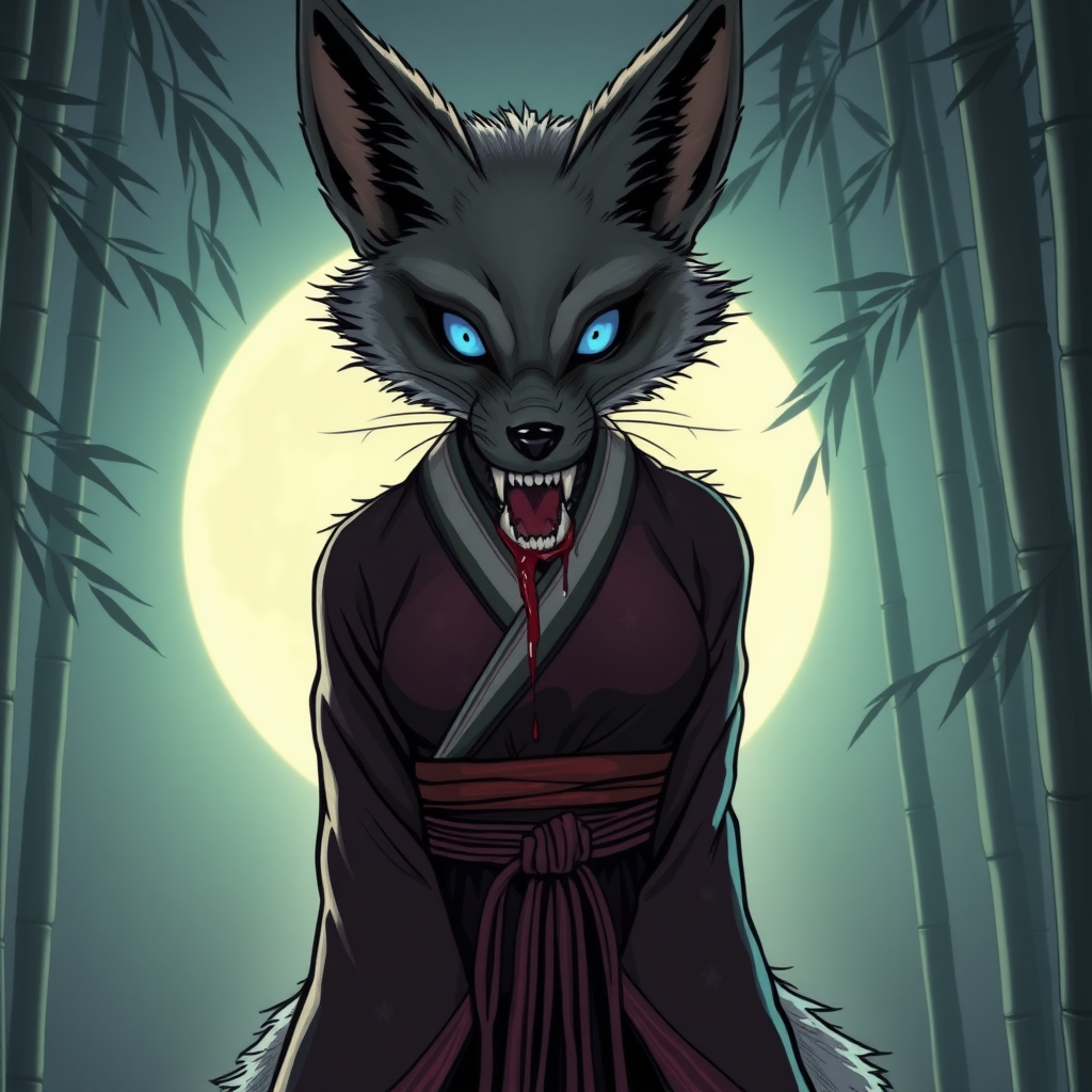 comic style eerie-looking kitsune-silverfox with blue eyes in an ancient female Korean big breasted hanbok with baring teeth with blood on the fox teeth, in front of the full moon in a bamboo forest