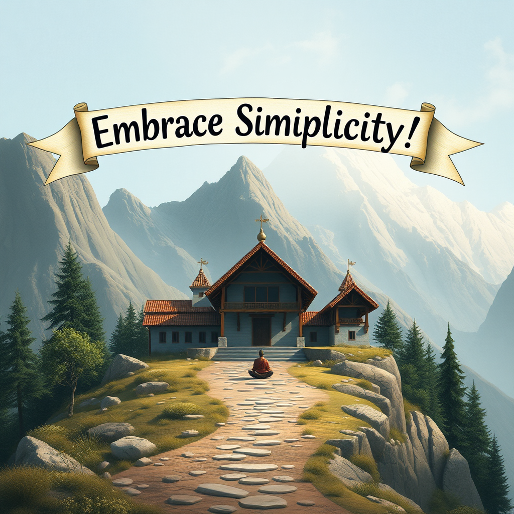 An imaginative scene showing a serene mountain monastery with simple architecture, surrounded by nature, where a lone figure meditates peacefully, with a banner overhead reading, "Embrace Simplicity!"