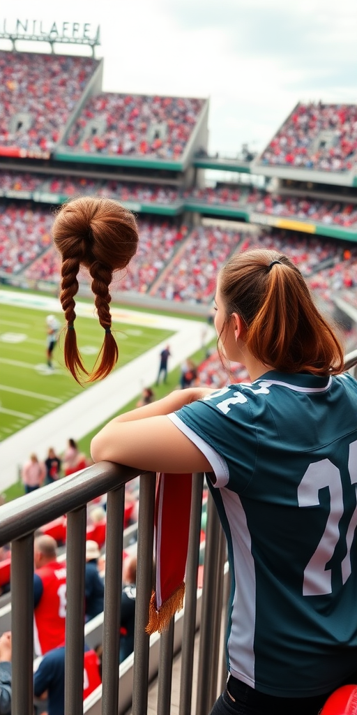 Attractive female NFL fan, pigtail hair, leaning forward over first row stadium barriers, fangirling over an NFL player who's on the field