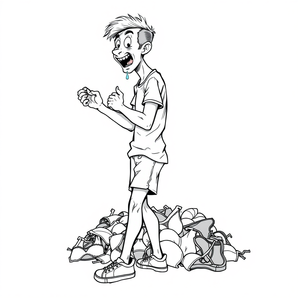 nervous short 20 year old european skinny man, short white t-shirt, standing, stunned, mesmerized, joyful, aroused, heavy drooling, heavy sweating, fumbling through a small heap of woman bras and panties, detailed fabric, side view, sneakers, detailed feet, 2D, caricature, cartoon, Sketch lines, coloring book, coloring book