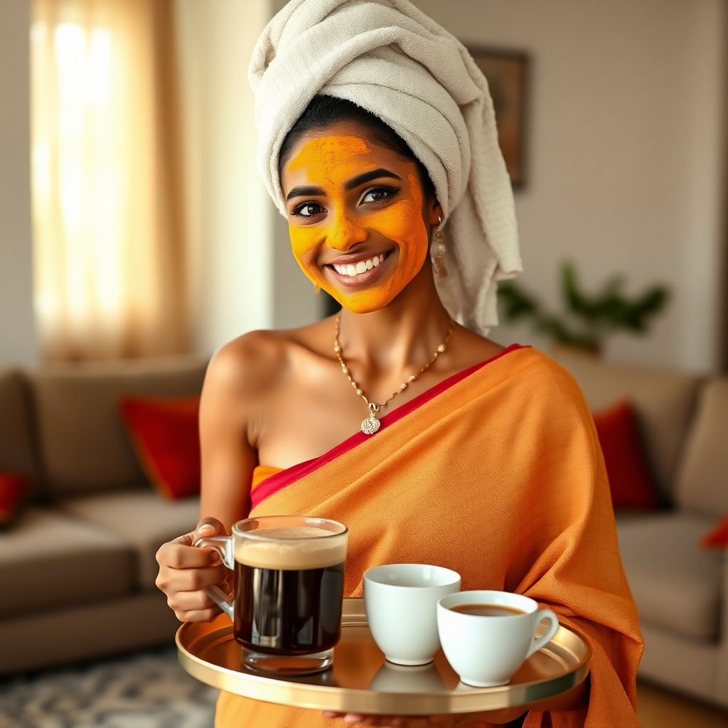 slim, 30 year old, indian Bride, towel head, turmeric face mask. She is smiling and serving coffee on a tray in living room.