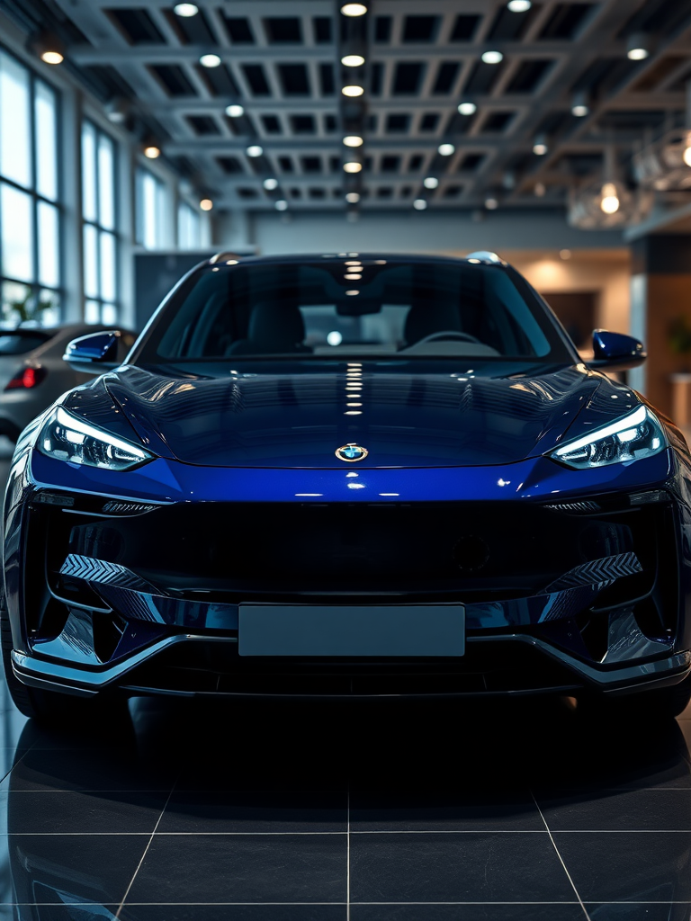 Electric car from a diagonal view, high quality, very detailed, cybernetic, mysterious and luxurious background around the electric car displayed in the showroom, the overall color is dark blue for a luxurious look.