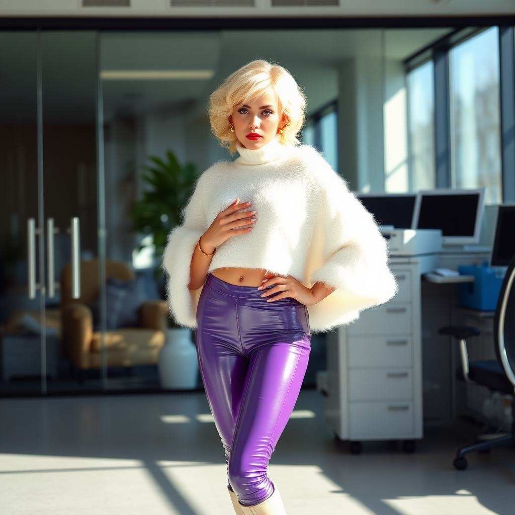 Sunny spring morning, modern glass-steel-concrete office, standing gracefully at Xerox: Nina, 17 years old very convincing femboy, tamed servile docile, very beautiful feminine flawless face, rather short, by hormones very curvaceous womanly figured, platinum blond short tight curls, French nails, bold red lips, heavily made-up face, wearing Supertanya-style fluffy very fuzzy bright white angora extremely cropped turtleneck-poncho fully barely covering bust, purple shiny vinyl leggings, white boots with golden high heels, white pearl belly piercing, gold earrings, seductively looking at camera. Full view.