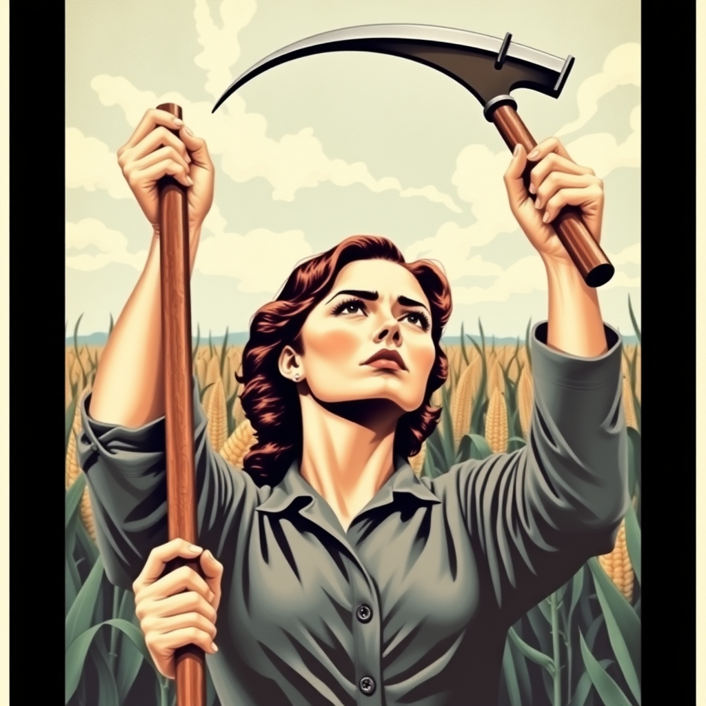 a woman holding up a sickle with a fierce expression on her face. background corn fields. soviet propaganda poster style.