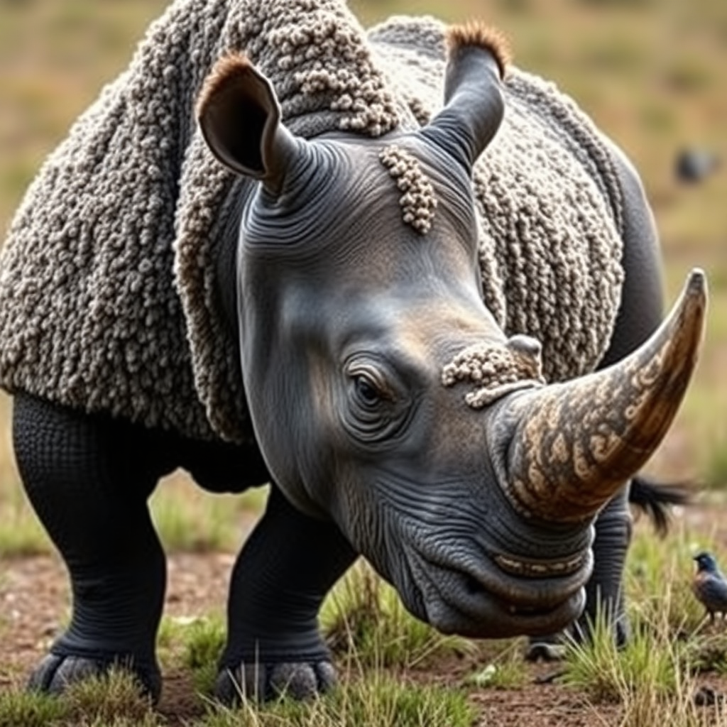 I want a realistic wildlife safari photograph of a black rhinoceros that is covered in sheep wool.