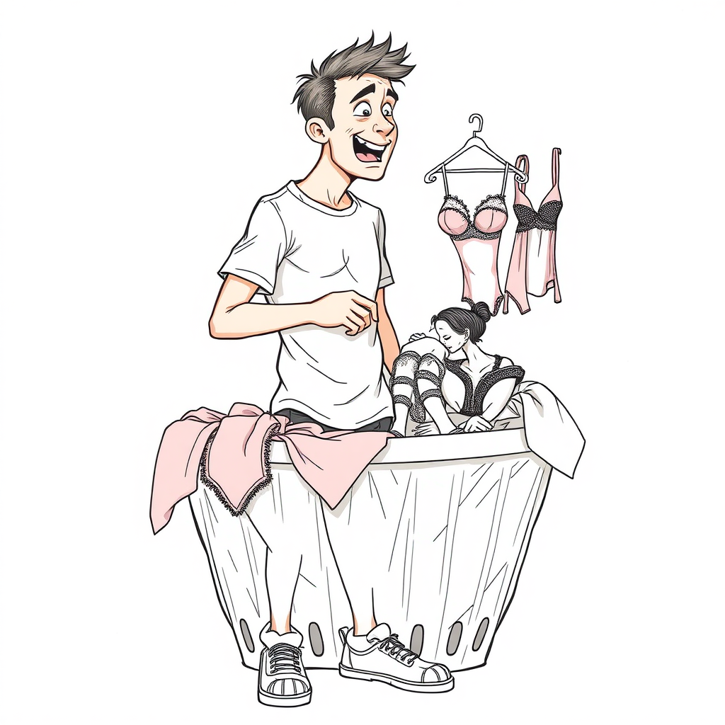 nervous short 20 year old european skinny man, short white t-shirt, standing, stunned, mesmerized, joyful, heavy drooling, fumbling through a dirty laundry basket full of sexy woman stained lingerie, detailed fabric, side view, shoes, detailed feet, 2D, caricature, cartoon, Sketch lines, coloring book, coloring book,