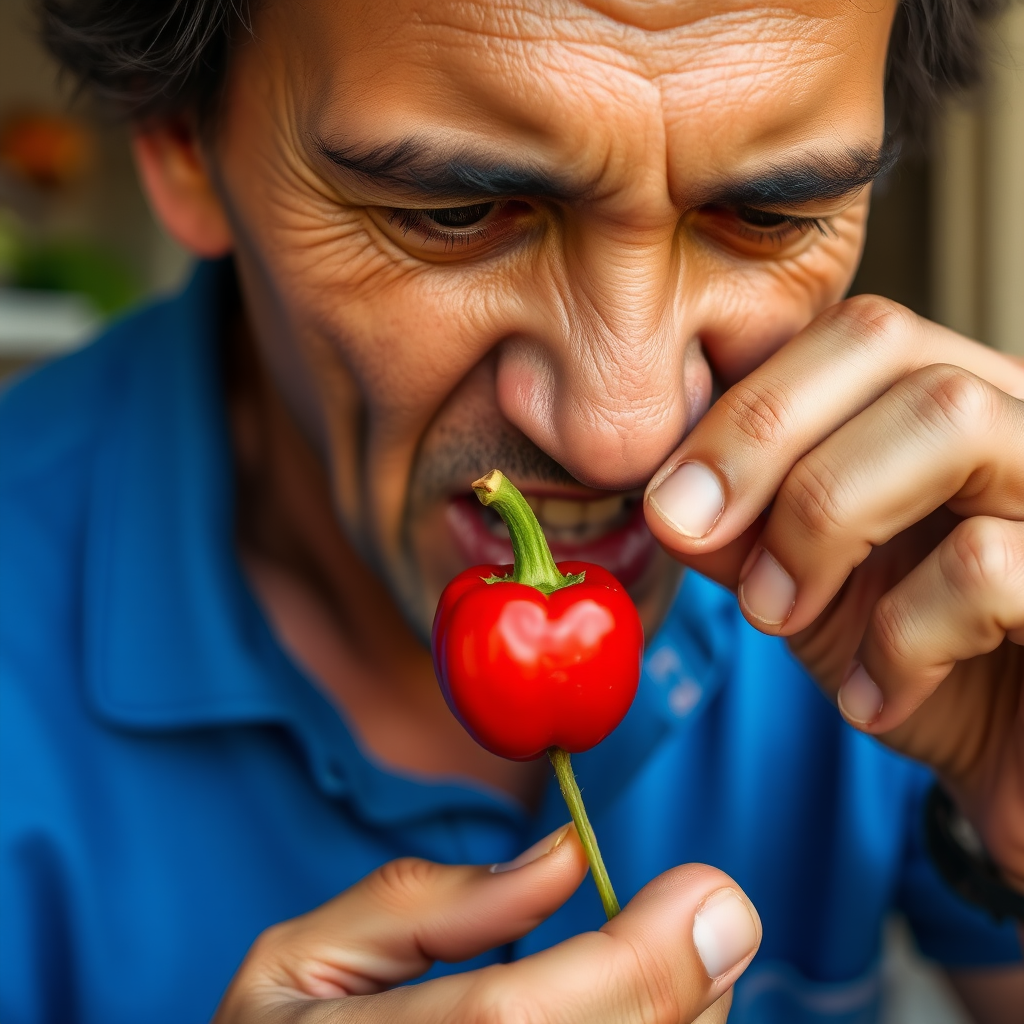 human eating a small round pepper