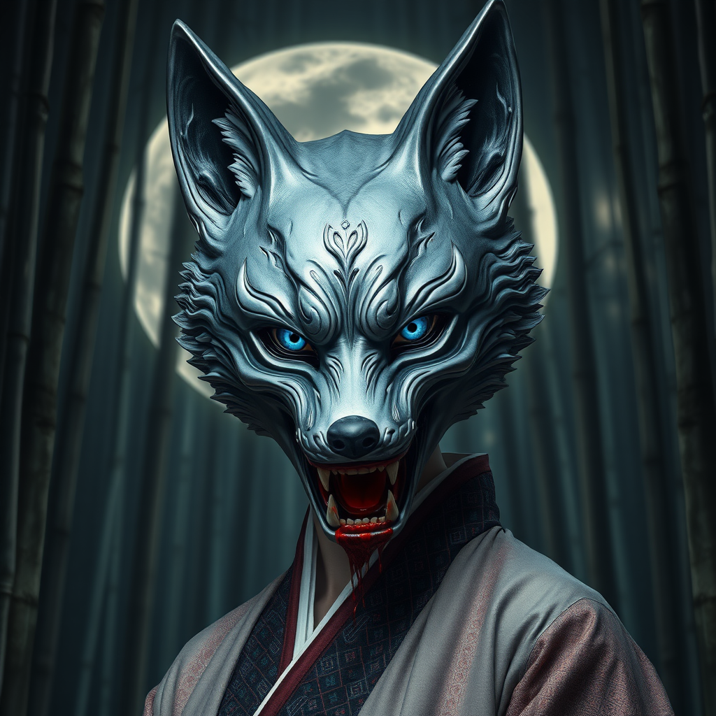 Photorealistic style eerie-looking kitsune-silverfox mask with blue eyes on an ancient female Korean big-breasted hanbok woman's body with bared teeth with blood on the fox teeth, in front of the full moon in a bamboo forest.