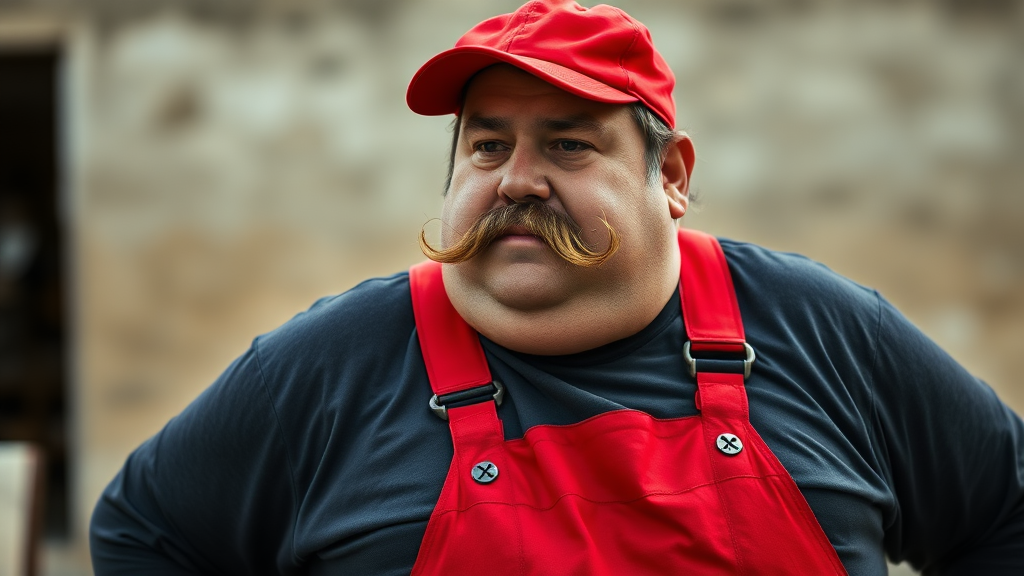 Heavyset Italian man with large mustache. He wears a red cap and red overalls over a long sleeve dark grey shirt.