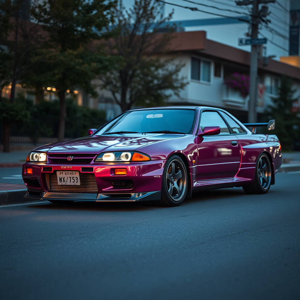 The car is parked on the side of the road, inspired by Taiyō Matsumoto, tumblr, restomod, nd4, c4 metallic shine nissan skyline r34 kalabalik tokyo gece arkaplan