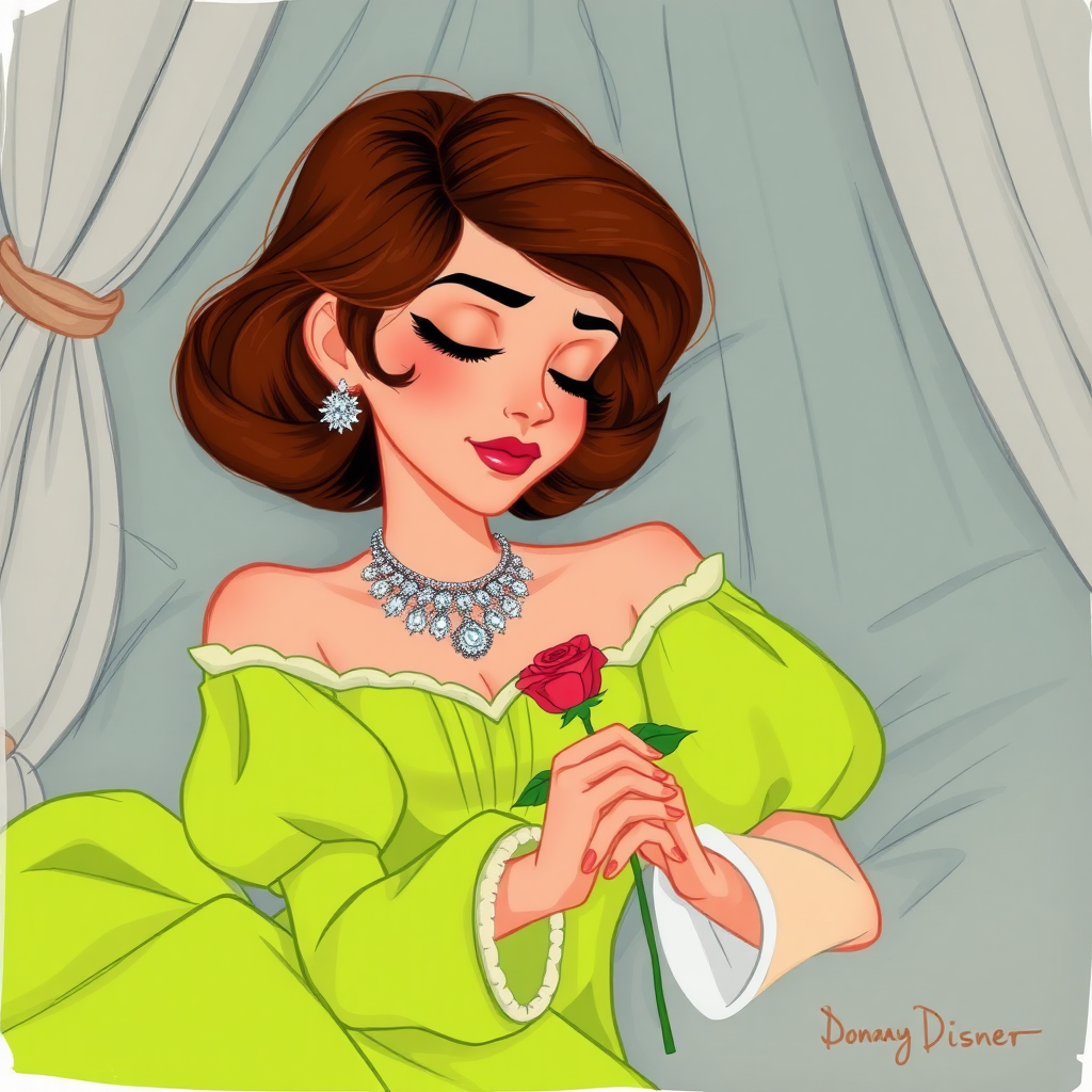 Disney sketch of an alluring, feminine 19-year-old Pakistani prince with short wavy brown hair in a bob with ringlets, rose lipstick, rose blush, long eyelashes, narrow face, wearing a lime green off-shoulder puff sleeve dress with a flowing skirt and white sleeves and a diamond festoon necklace. Sleeping in a bier in Bombay Castle, eyes closed holding a rose, the bedroom is covered by a large curtain in a palace room as the beauty rests forever in a deep, death-like sleep.