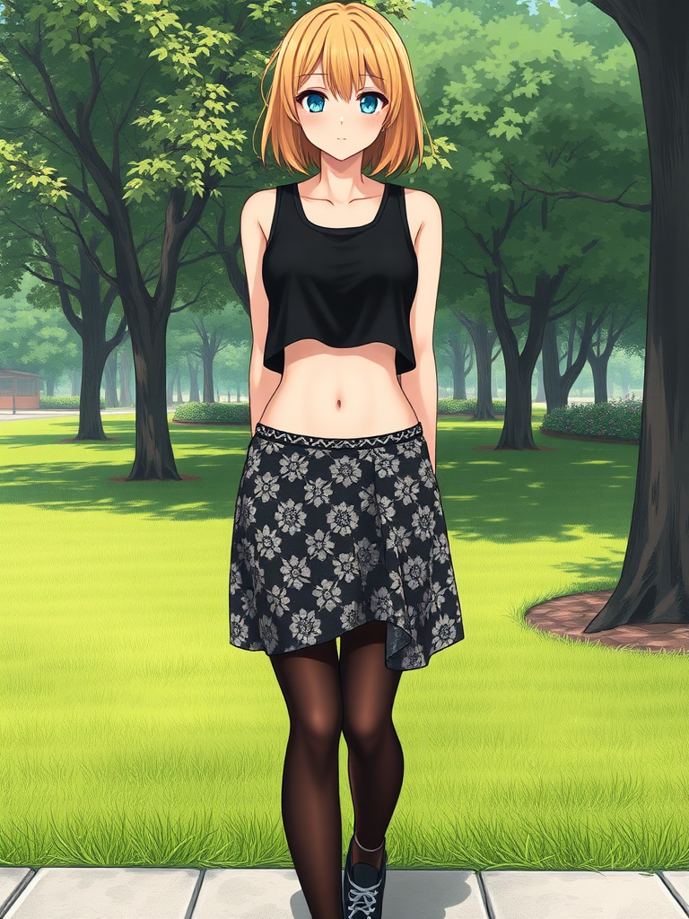 Anime art full body image of a young woman, medium blonde hair, a black, sleeveless crop top that reveals the woman's midriff and a high-waisted, patterned mini skirt that showcases a mix of black and white colors. She is also wearing black sheer tights and black sneakers with white laces. Park background. The image features her legs.