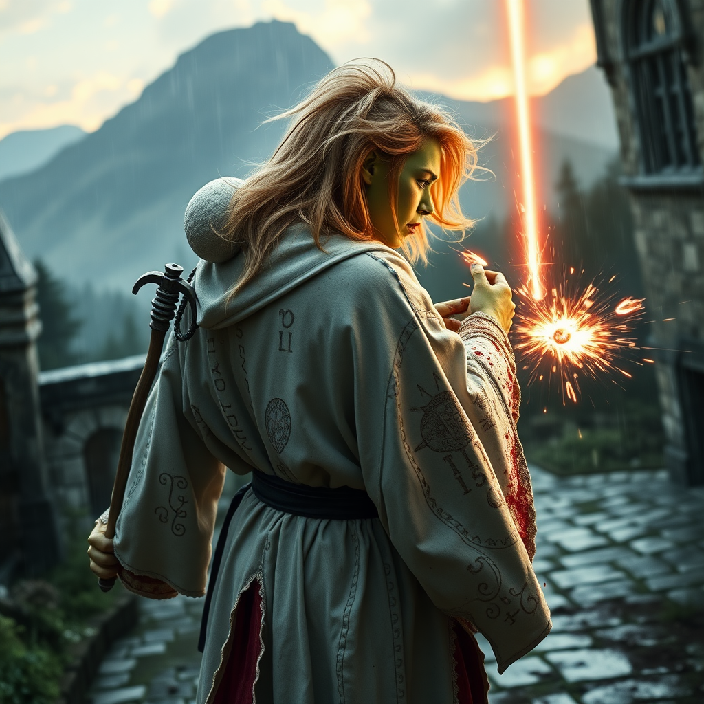 A full body shot of a pretty twenty-something female orc wizard with a face resembling Ana de Armas. Green skin. Facing towards a skeleton warrior that is running toward her, she casts a laser spell at it, striking it in the head. Strawberry blonde messy shoulder-length hair tussled by the wind. White robes covered in runes, magic aura swirling around her visibly, magic staff with a gem. It is dawn. She is bleeding and covered in soot and dirt. Inside a castle courtyard. Forest and mountains, rain. Hyper-realistic, photorealistic digital matte painting, soft focus, film grain, lens flare. Gritty, dirty, scuffed.