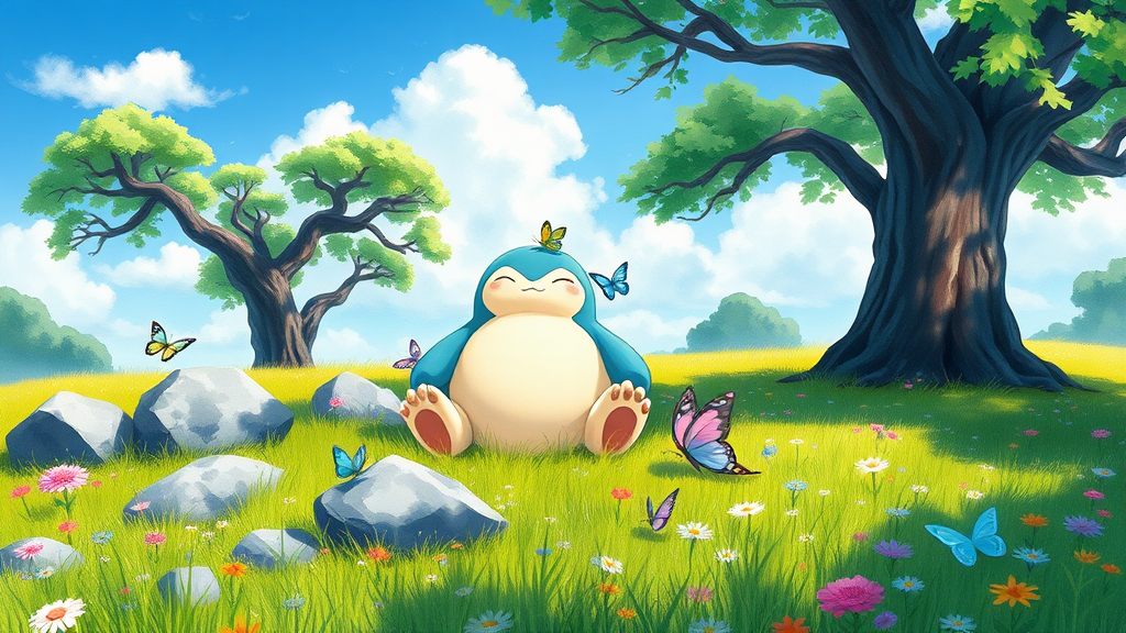 A Dutch watercolor illustration depicts a serene and relaxing scene set in a lush meadow under a bright blue sky with scattered white clouds. The central figure is Snorlax, a large, blue and white Pokémon character with a round body, closed eyes, and a content expression, sitting comfortably among rocks in a vibrant green grassy field. Snorlax's body is curved, and it rests its head on one of the gray rocks, with sunlight creating shadows on its rounded belly. Its arms and legs are spread out, with lighter beige fur visible on its paws. The meadow is scattered with small, colorful flowers in shades of pink, purple, and blue, creating a tapestry of colors across the landscape. Several butterflies of various sizes and colors, including blue, yellow, pink, and light green, are seen fluttering around Snorlax and resting on the rocks and grass. One butterfly is perched on Snorlax's head, while another is on its belly. The background features two large trees with thick, dark brown trunks and branches extending overhead, their leaves depicted in various shades of forest green, creating a canopy of shade. The sky above is clear and light blue, with soft, white clouds. The scene is brightly lit by natural sunlight, casting soft shadows and highlighting the vibrant colors of the landscape. The overall mood is peaceful and idyllic, enhanced by the high contrast, saturation, luminance, and the balanced exposure of the image. The composition follows the rule of thirds, with Snorlax placed slightly off-center to the left, creating a harmonious and visually appealing image that captures the essence of a tranquil moment in nature.