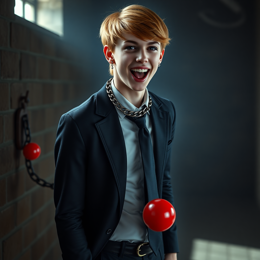 photorealistic, ultra high resolution, 16K, surreal fantasy, soft studio lighting, Tyler Swift is a pretty 18 year old goth male, slim male physique, auburn hair, goth makeup, earrings, shiny black pantyhose, school uniform shirt tie and blazer, Mary-Jane shoes, spikey neck collar chain and leash, red ball-gag, in a dungeon, the end of the leash is chained to the wall, in daylight, excited open mouth smile, drooling a stream of saliva, facing the camera.