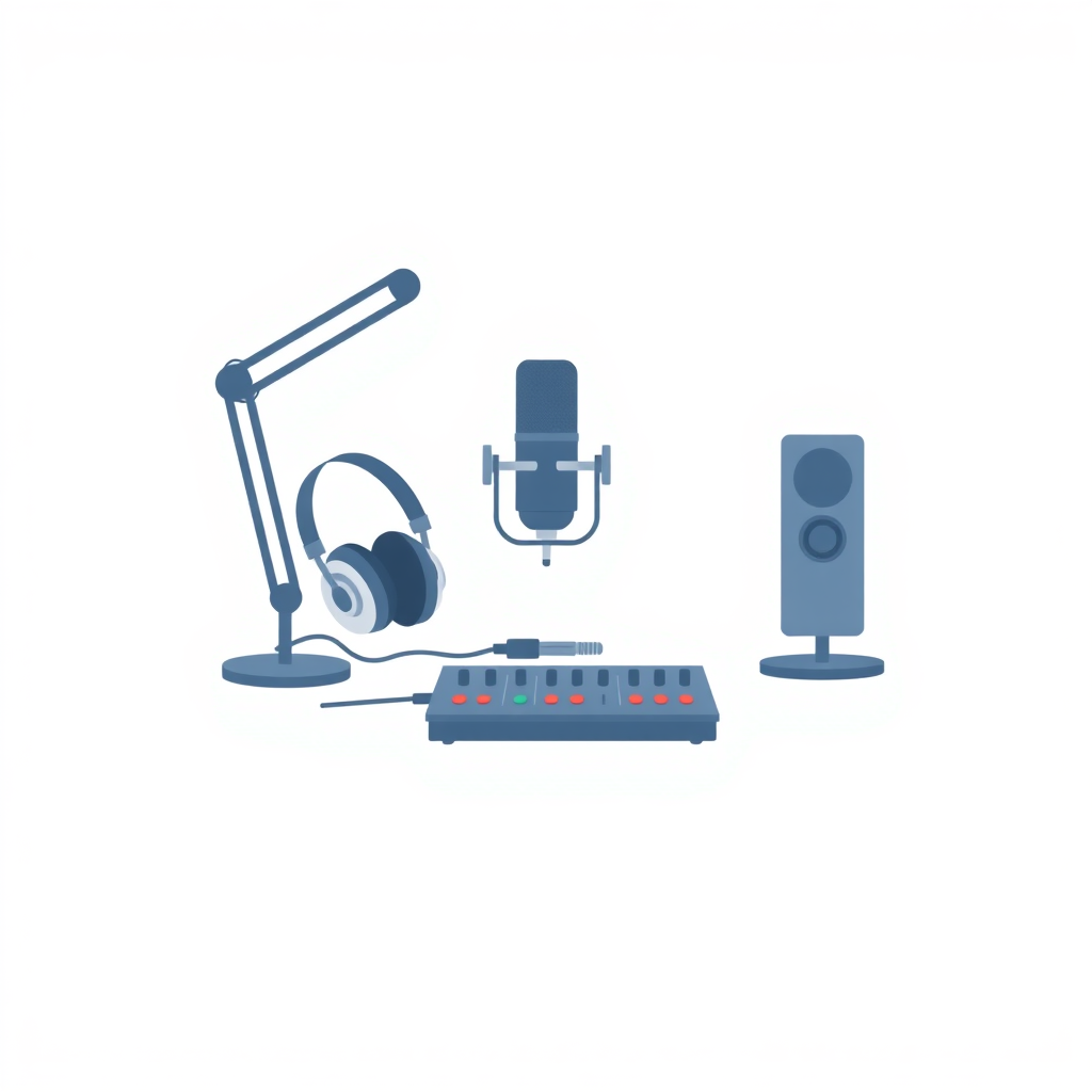 A minimalist, flat design illustration of a podcast setup. The image should include a microphone, headphones, and a sound mixer or audio interface on a simple desk or tabletop. The background should be a plain, neutral color like white, gray, or light blue. The overall style should be clean, modern, and visually appealing as a generic stock image for podcasting.