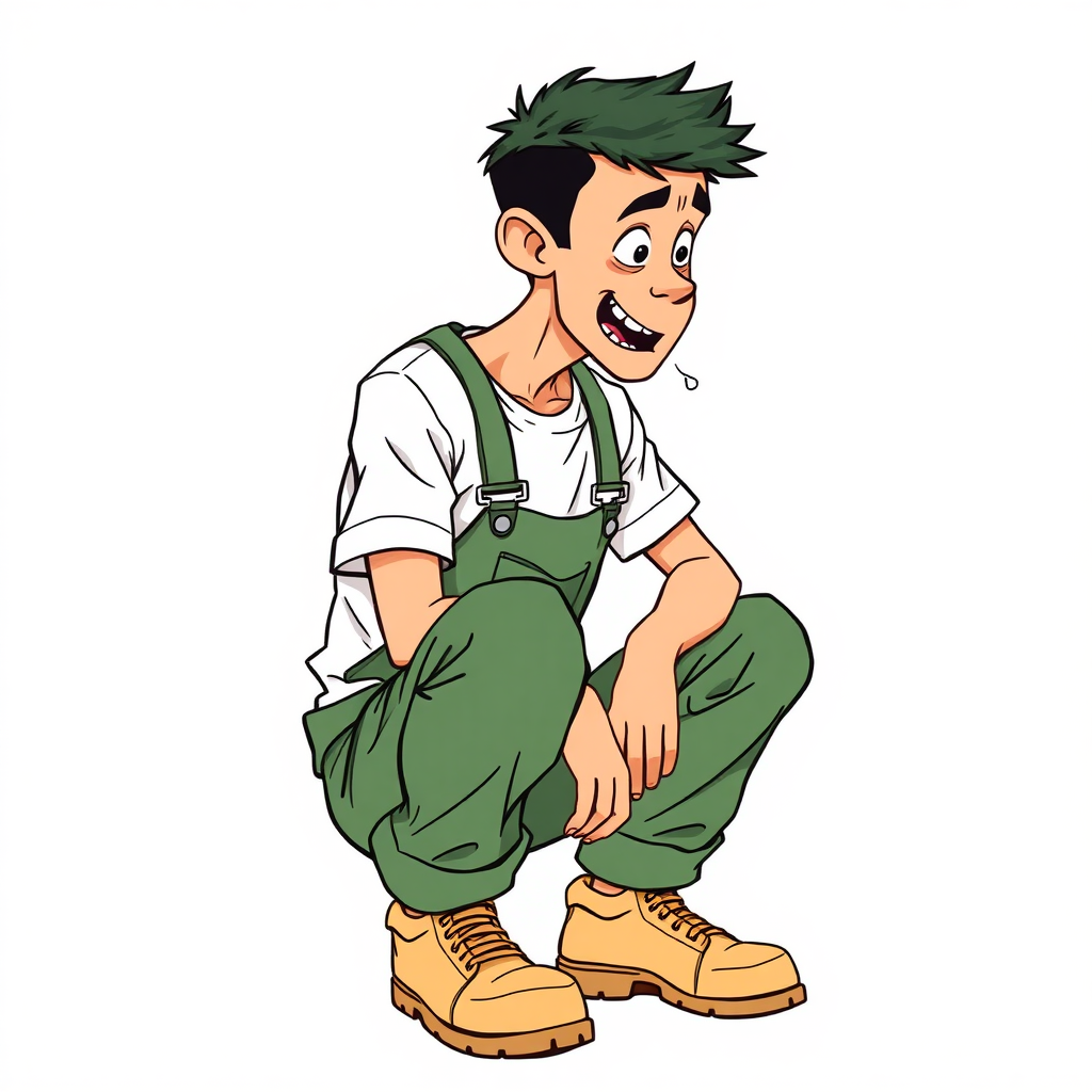 nervous small 15 year old european skinny man, long sleeves green rolled down coveralls, tense fabric, white t-shirt, squatting, stunned, mesmerized, joyful, heavy drooling, side view, safety shoes, detailed feet, 2D, caricature, cartoon, Sketch lines, coloring book, coloring book, side rear view