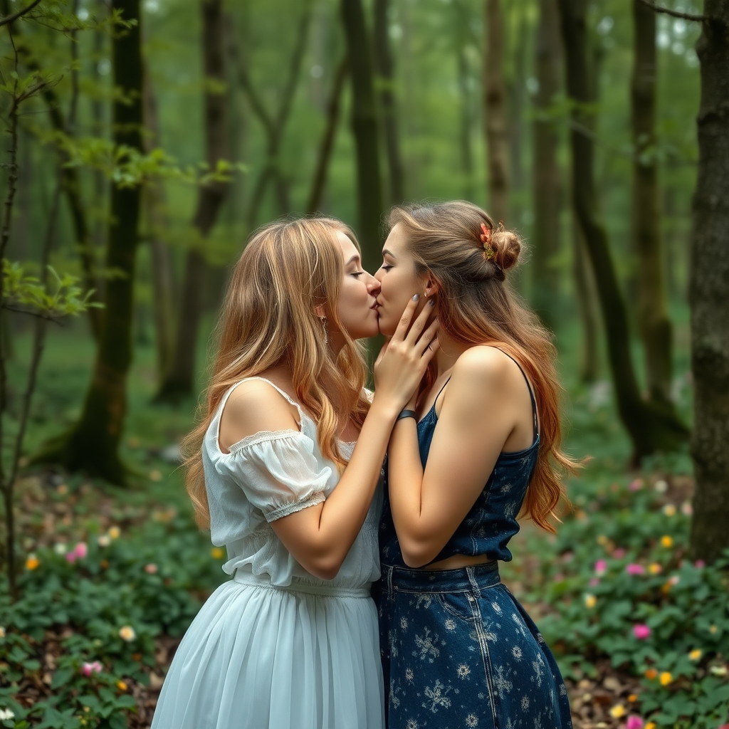 two 19 year old women kissing in a fairy forest