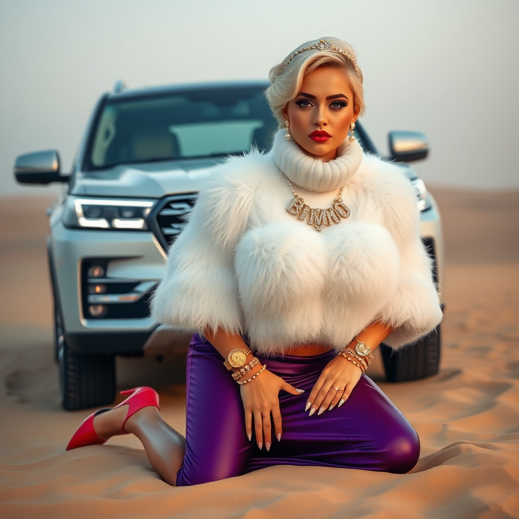 Kuwait desert dunes misty dawn, full size luxury SUV: Melissa, European 17 years old very convincing femboy “trophy-bimbo”, tamed servile docile, very beautiful feminine flawless face, rather short, by hormones very curvaceous womanly figured, platinum blond short tight curls, bold red lips, long white French nails, heavily made-up face, wearing Supertanya-style fluffy very fuzzy bright white angora turtleneck-poncho cropped ending under bust decorated with pearls and glass stones, very tight purple vinyl midi pencil skirt, bright red pumps with golden very high heels, white pearl belly piercing, full Oriental bridal jewelry including headpiece, nose-ring, coin wristlets, coin anklets, striking diamond “Bimbo” letter brooch on left chest, thick heavy pearl wristlets, pearl anklets, pout frustrated, kneeling in sand in front of SUV, looking at camera. Focus on face and turtleneck-poncho.