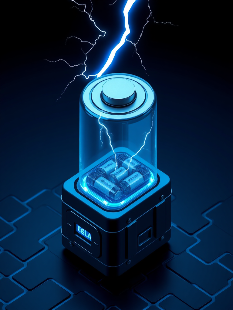 Create an image with precise expression using realistic 3D lettering, express a secondary battery cell, create an isometric view, draw the Tesla phenomenon (lightning) occurring in the battery, and express the background in a cybernetic and luxurious dark blue.