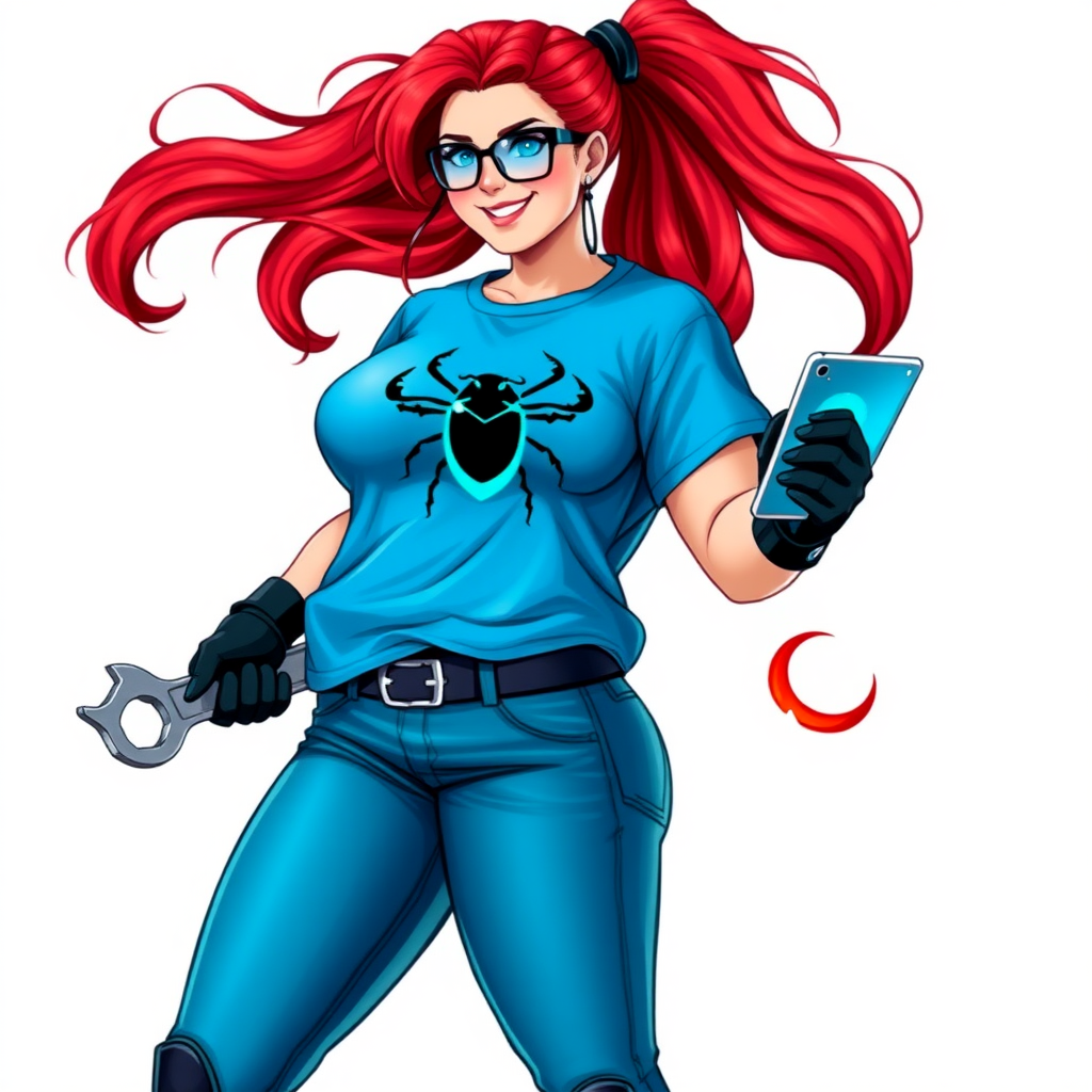 A 28-year-old, full-figured computer hacker and tech wiz girlfriend of a cyberpunk vigilante. Her long ponytail of ruby red hair and striking, bright blue eyes make her stand out. Her wrecking ball-sized midsection, sequoia-sized limbs, and broad shoulders define her full figure, which has been heavily pampered by her doting boyfriend. Her nerdiness is blatantly obvious, and she serves as her boyfriend’s tech expert.

As the loyal and supportive sidekick, she plays a crucial role in their missions, using her digital and technological prowess to assist and protect. She wears an oversized maximum blue t-shirt adorned with a maximum turquoise beetle chest icon, black oversized eyeglasses, matching maximum blue biker pants, and black high-tech gloves. She beams with a neon red blush, holding a futuristic wrench and a digital holographic tablet. She is on a solid white background. She is drawn as if she was in a retro 2D cyberpunk fighting game.