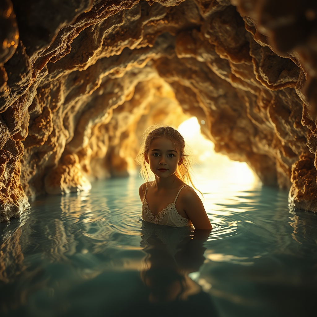 a young girl in a flooded cave, bjd, high quality photo, intricate environment, ultra-detailed, impressionistic, dynamic composition, artistic photograph, geode, alabaster, gold, fractal, intense colors, glittering, sunlight, illumination, transparency, mandelbulb