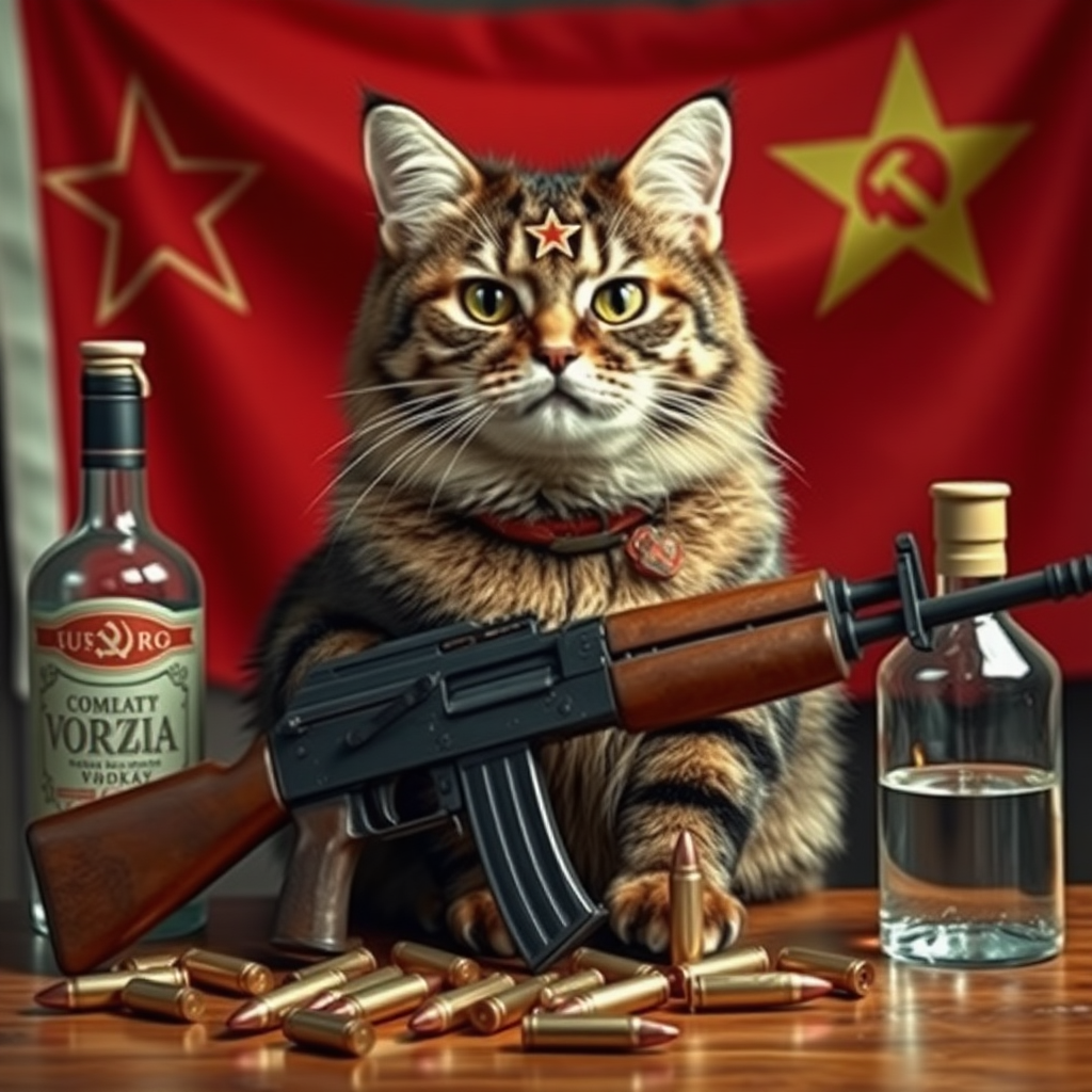 Soviet communist cat with an AK-47 and vodka and a flag of the USSR behind a table with bullet casings on it.