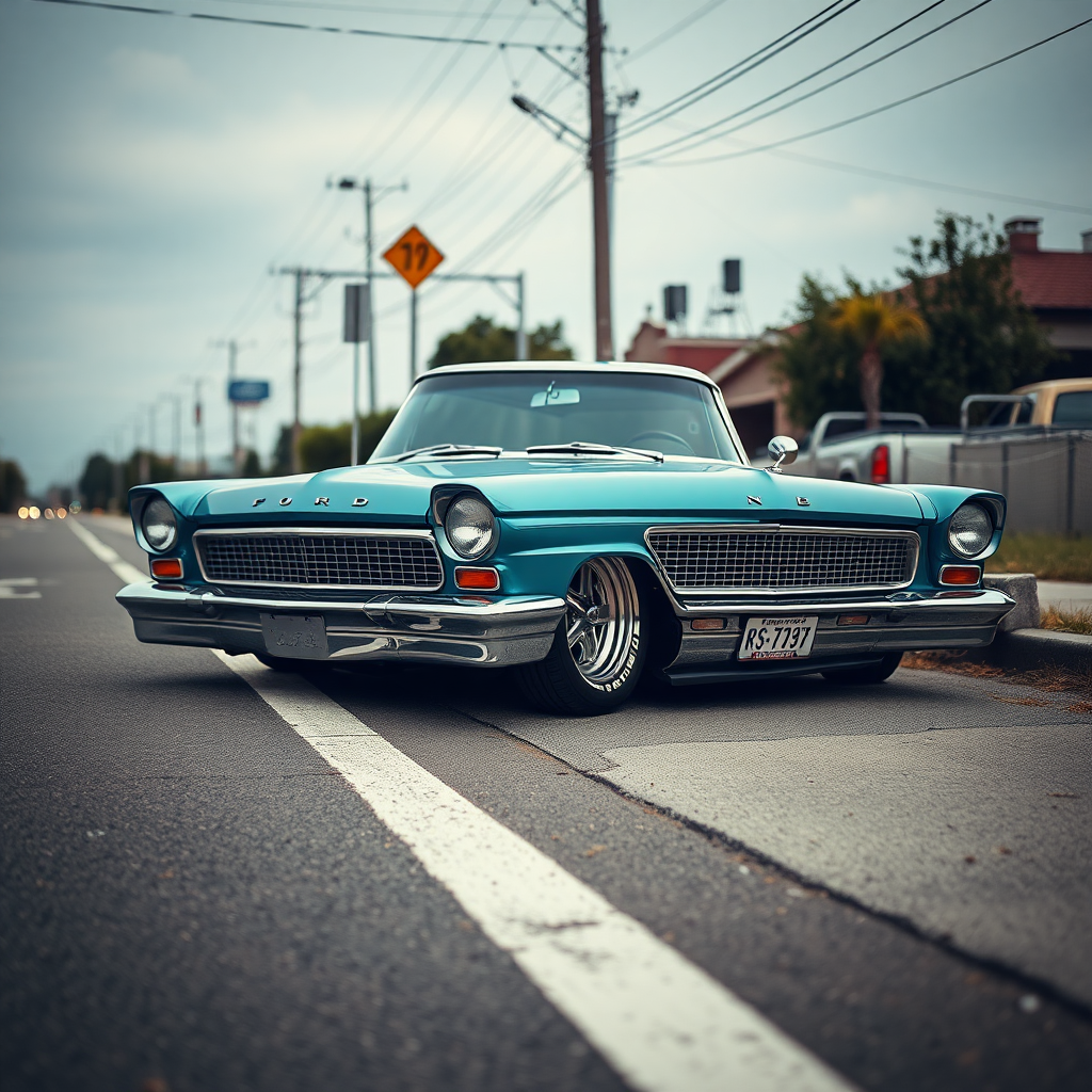 the car is parked on the side of the road, inspired by Taiyō Matsumoto, tumblr, restomod, nd4, c4 metallic shine classic american low rider ford