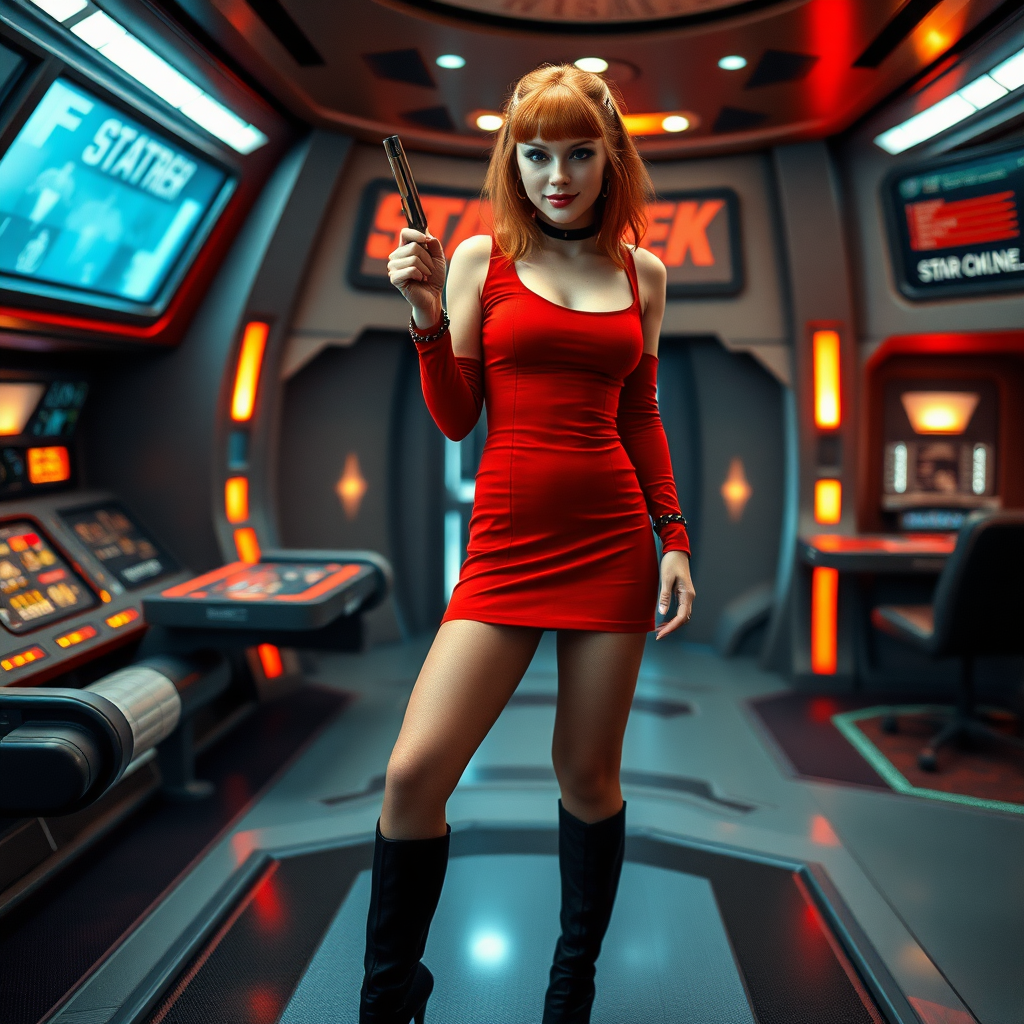 photorealistic, ultra high resolution, 16K, surreal fantasy, bright studio lighting, Tyler Swift is a pretty 24 year old male, slim male physique - no visible breast bulge, red hair, emo makeup, set on the bridge of Enterprise in Star Trek tv series, short red mini-dress, sheer black pantyhose, black stiletto calf-length boots, holding a phaser in his right hand, excited smile, facing the camera.