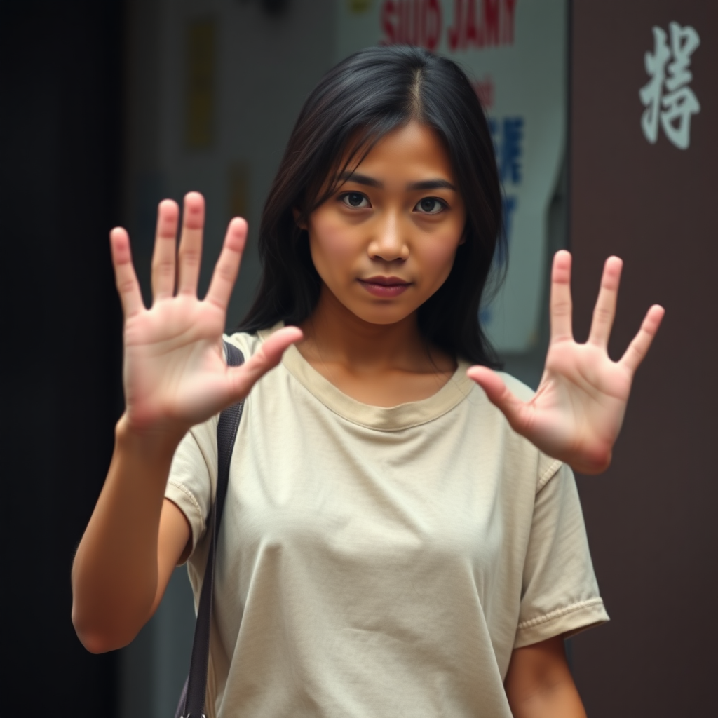 A very mysterious and very pretty, sad and homeless, about 30 years old, healthy, young-at-heart Asian woman with a very dark skin color and with a T-shirt and long, deep black hair and very typical and black Asian eyes, is very ashamed to look me in the eye and waves to me very embarrassed.