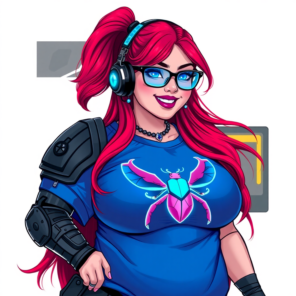 A cyberpunk vigilante’s full-figured intelligent and tech-savvy 29-year-old girlfriend, who is a computer hacker and tech genius. She has a long ruby red ponytail and bright blue eyes. She wears maximum blue lipstick, a sapphire beetle gemstone necklace, sapphire earrings, black eyeglasses, hi-tech metal arm armor, and an oversized maximum blue t-shirt featuring a neon blue glowing emblem of a winged beetle on its chest. She has a full-figured physique with a giant, round midsection, reflecting her well-cared-for lifestyle. She sports a sapphire headset with a hi-tech maximum turquoise lensed HUD, and a beaming smile with a passionate bright red blush. Despite her figure and a lack of self-esteem, she radiates beauty. She has a slim face which contributes to her radiant beauty. She serves as his tech expert from his hideout, diligently working at her lab table and computer desk. The background is solid white. She is drawn as if she was in a retro 2D cyberpunk fighting game.