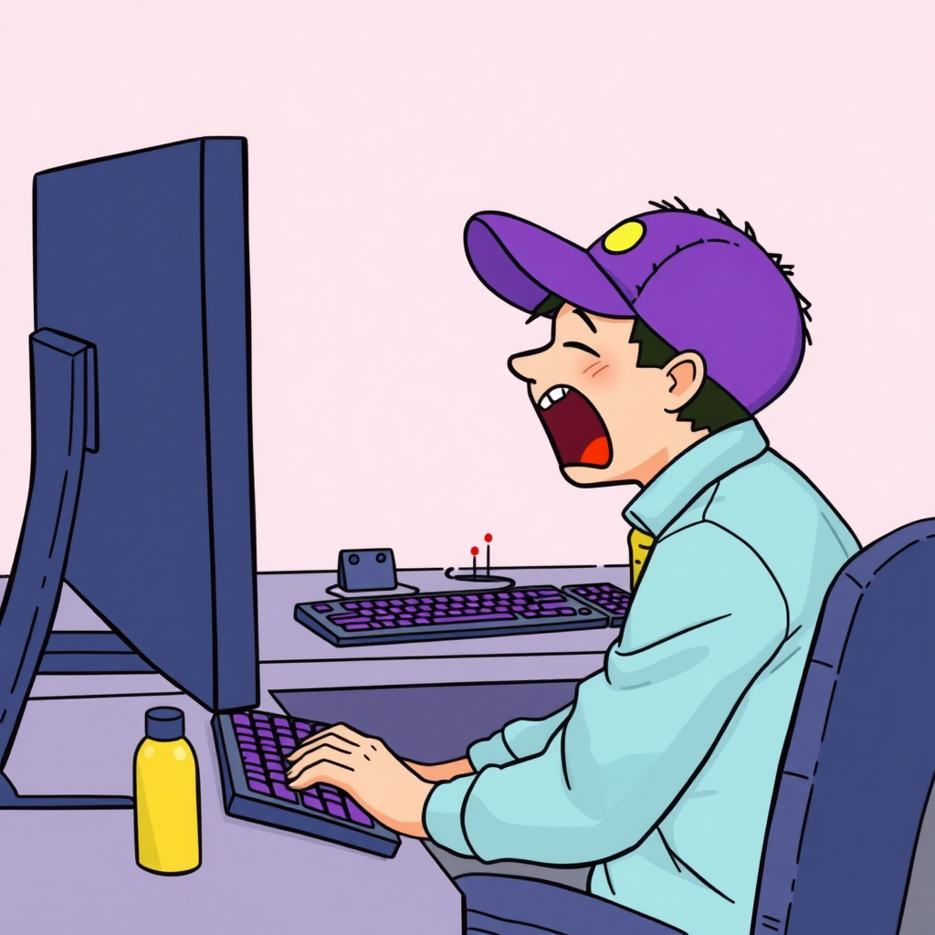 A high-quality illustration of a person sitting at a desk in front of a computer, yawning, with a purple dinosaur-themed cap and light blue shirt. The desk has a computer screen, a keyboard with purple keys, and a yellow bottle beside it. The view is the same as the original image with a light pink background and similar details, but the person now has a dinosaur cap instead of the original one.