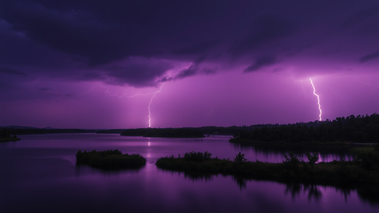 photo, lakes, purple sky, lightning