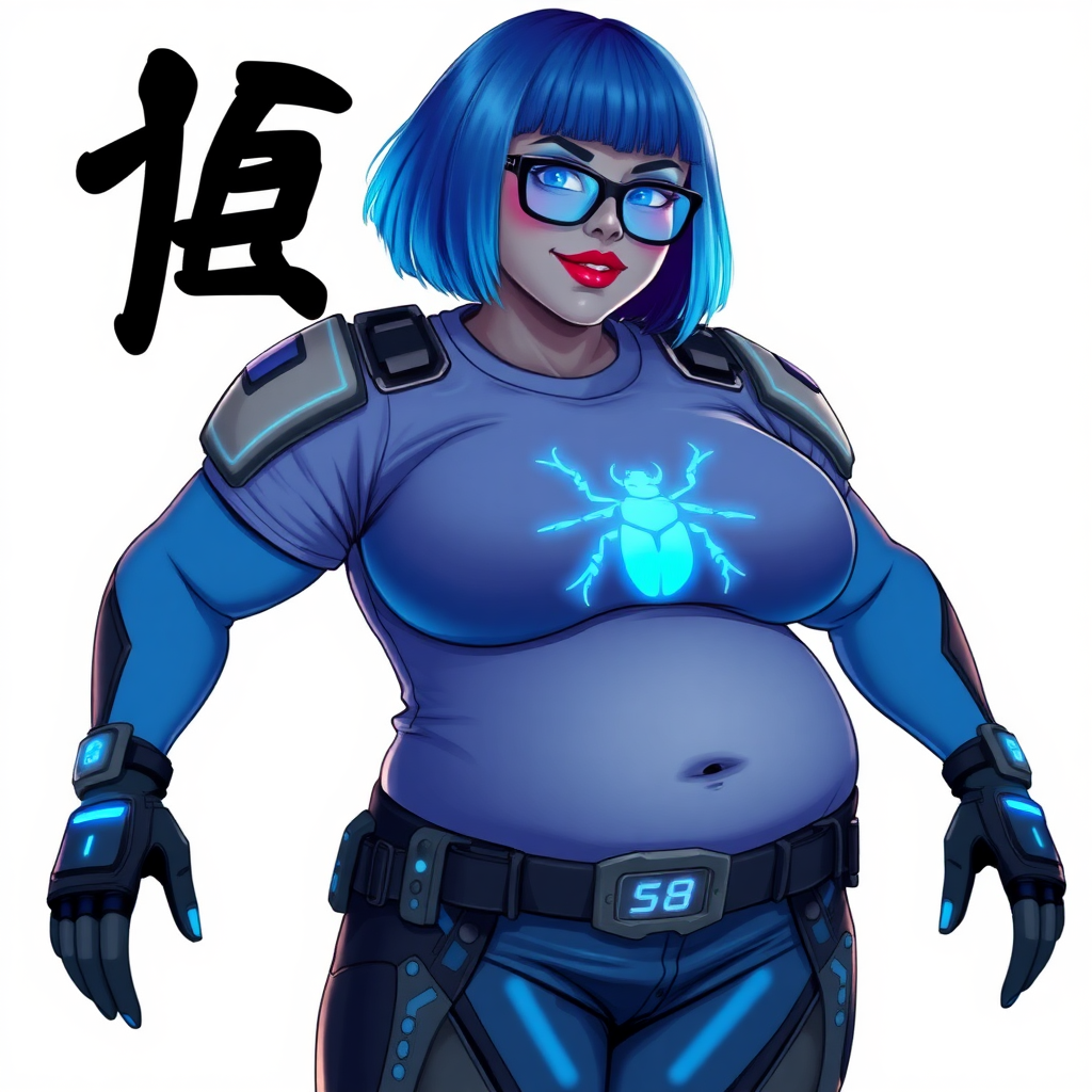 A 28-year-old, full-figured, middle gray skinned computer program hybrid with a maximum blue bob cut. She has a non-athletic build, highlighted by a prominent, round, large midsection (with emphasis on her belly), which shows the aftermath of her pampering. As the heavily pampered digital sidekick to her cyberpunk vigilante boyfriend, her middle gray metallic skin and maximum blue lipstick emphasize her digital nature. She wears a digital, computerized costume consisting of a huge, tight-fitting, maximum blue t-shirt with a neon blue glowing chest icon of a beetle, hi-tech shoulder pads with neon blue accents, a black hi-tech belt with a digital neon blue glowing buckle, digital maximum blue biker pants with neon blue accents, and black hi-tech fingerless biker gloves with neon blue glowing accents. Her neon blue glowing eyes, black eyeglasses with a neon blue glowing HUD built in its lenses, and shy smile with neon red blush accentuate her nerdiness. She stands bashfully with her hands behind her back, her costume covering all her skin and emphasizing her full-figured physique (especially her belly). She is clearly non-athletic, with a focus on her full-figured physique. Despite her build, she radiates beauty. She has a slim face compared to her physique, accentuating her radiant beauty. She is on a solid white background. She is drawn as if she was in a retro 2D cyberpunk fighting game.