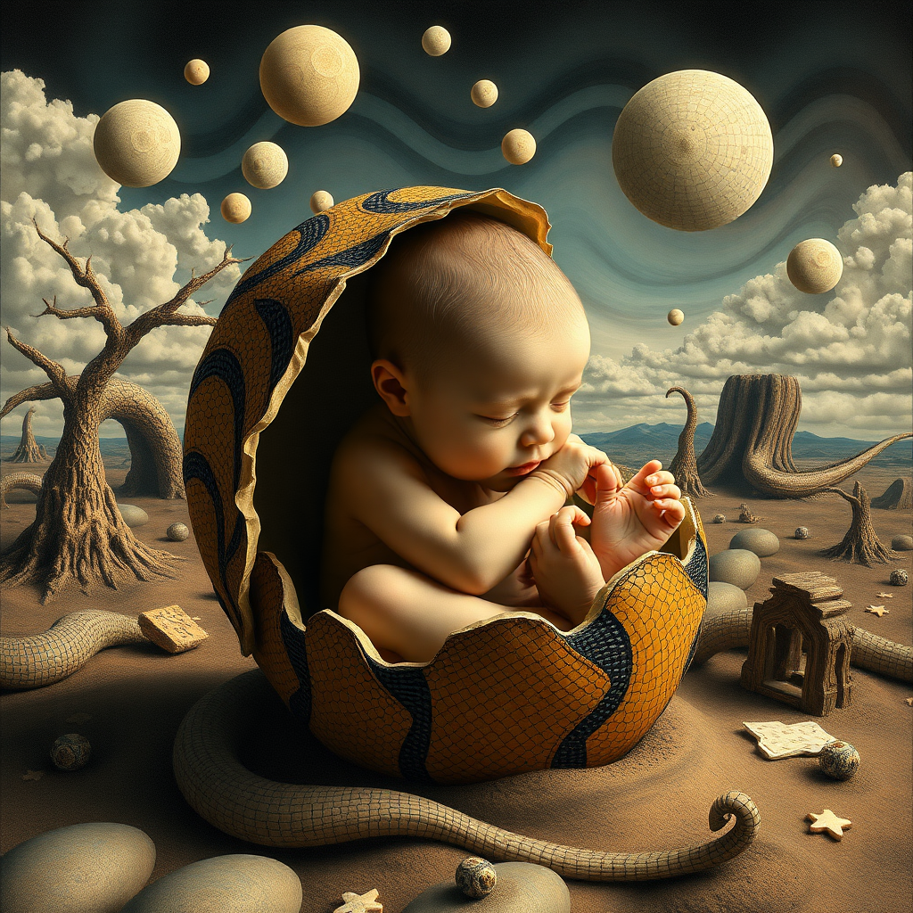 Create a mix picture in "Maxfield Escher" and Salvador Dali style. With a newborn human baby hatching from what looks like a reptile egg.