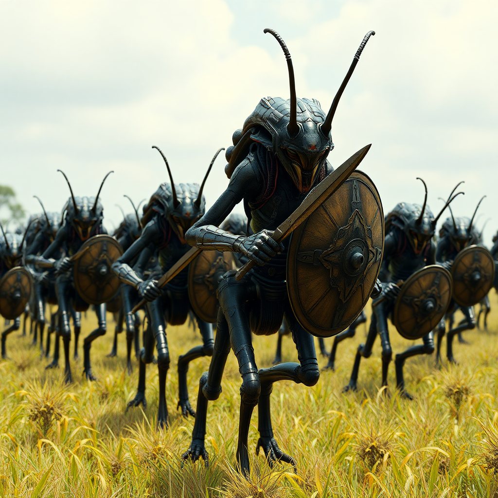 An army of bipedal insect aliens, marching across the savannah, armored, sword and shield, realistic.